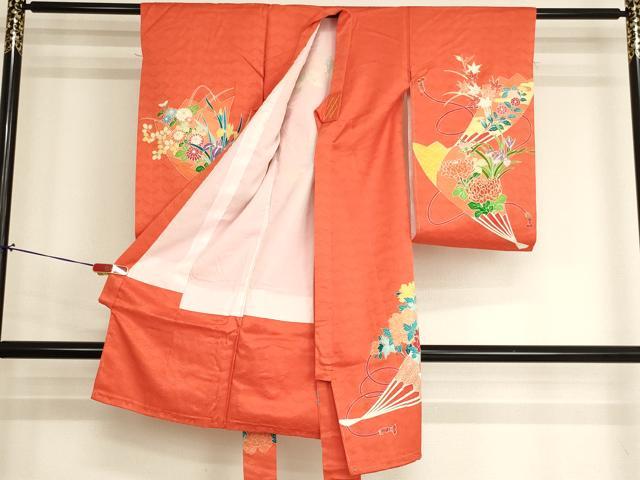 平和屋着物[]七五三　女の子　３歳　祝着　一つ身　駒刺繍　扇面花文　金彩　逸品　未使用　AABJ5391ja