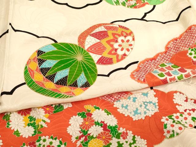 平和屋着物[]七五三　女の子　７歳　祝着　四つ身　長襦袢（無双仕立て・半衿刺繍）セット　雲重ね花手毬文　金彩　逸品　AABJ5393ja