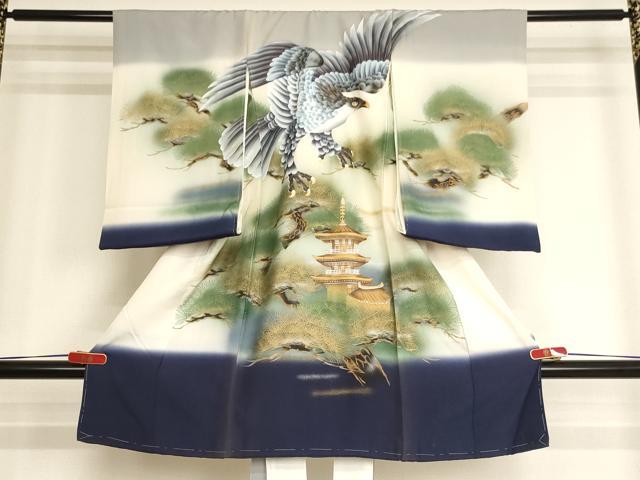 平和屋着物[]お宮参り　男の子　祝着　産着　初着　のしめ　鷹　風景松文　暈し染め　金銀彩　逸品　未使用　AABJ5401ja