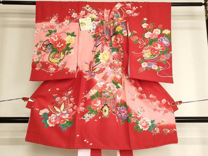 平和屋着物[]お宮参り　女の子　祝着　産着　初着　のしめ　御所車花蝶文　金彩　正絹　逸品　未使用　AABJ5630ja
