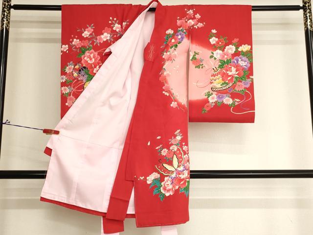 平和屋着物[]お宮参り　女の子　祝着　産着　初着　のしめ　御所車花蝶文　金彩　正絹　逸品　未使用　AABJ5630ja