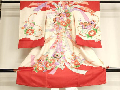 平和屋着物[]お宮参り　女の子　祝着　産着　初着　のしめ　束ね熨斗花鼓文　金彩　正絹　逸品　未使用　AABJ5633yx