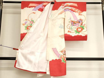 平和屋着物[]お宮参り　女の子　祝着　産着　初着　のしめ　束ね熨斗花鼓文　金彩　正絹　逸品　未使用　AABJ5633yx