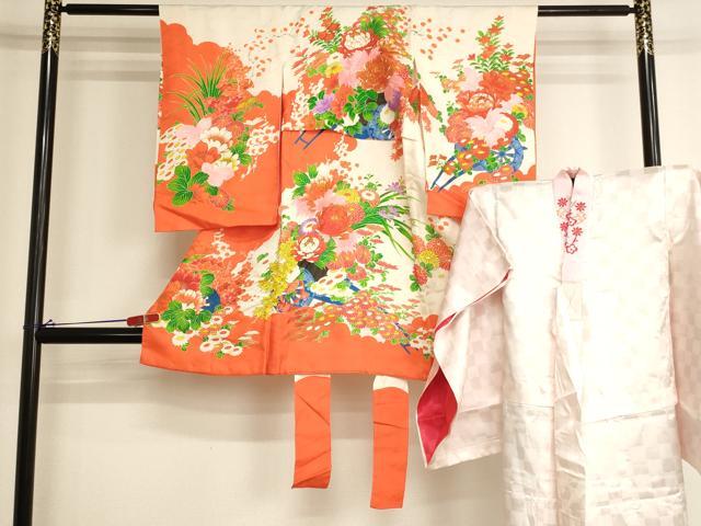 平和屋着物[]七五三　女の子　３歳　祝着　一つ身　長襦袢(袷・半衿刺繍)セット　駒刺繍　花車文　金彩　逸品　AABJ5634ja
