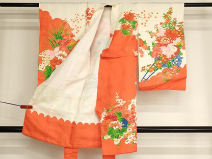 平和屋着物[]七五三　女の子　３歳　祝着　一つ身　長襦袢(袷・半衿刺繍)セット　駒刺繍　花車文　金彩　逸品　AABJ5634ja