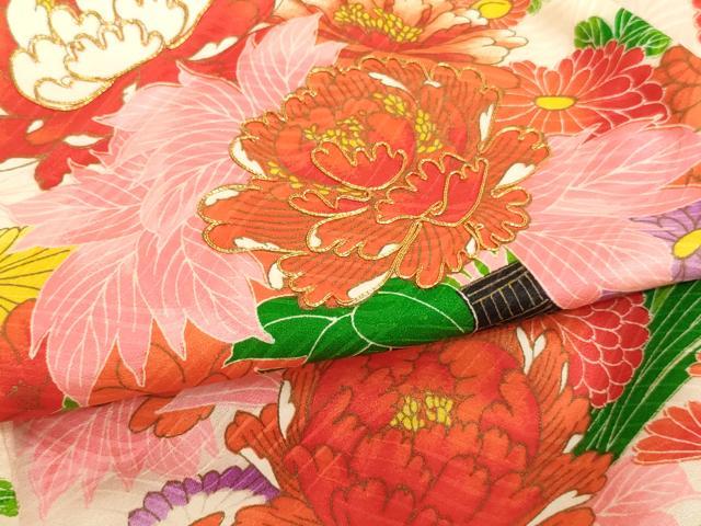 平和屋着物[]七五三　女の子　３歳　祝着　一つ身　長襦袢(袷・半衿刺繍)セット　駒刺繍　花車文　金彩　逸品　AABJ5634ja
