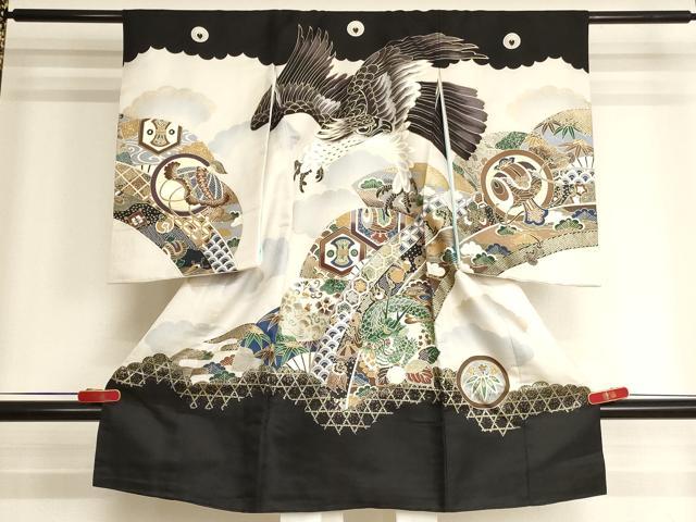 平和屋着物[]お宮参り　男の子　祝着　産着　初着　のしめ　鷹　扇面吉祥文　暈し染め　金彩　逸品　AABJ5635ja