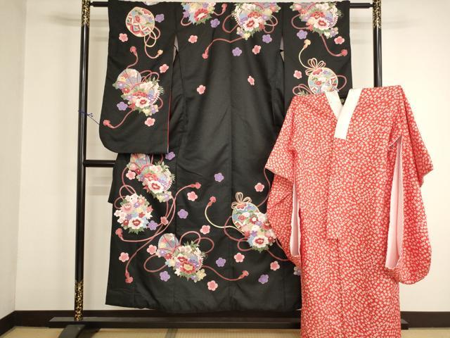 平和屋着物∵女の子　十三参り　子供　祝着・長襦袢(袷・半衿刺繍)セット　花丸鼓文　黒地　AABJ5638ja