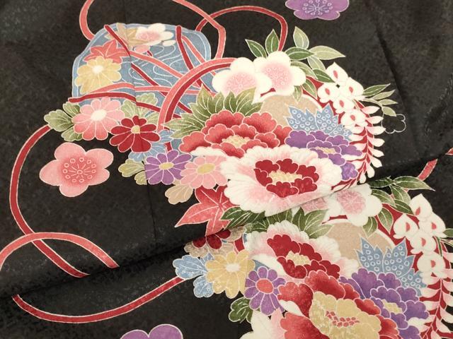 平和屋着物∵女の子　十三参り　子供　祝着・長襦袢(袷・半衿刺繍)セット　花丸鼓文　黒地　AABJ5638ja