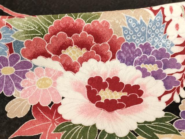 平和屋着物∵女の子　十三参り　子供　祝着・長襦袢(袷・半衿刺繍)セット　花丸鼓文　黒地　AABJ5638ja