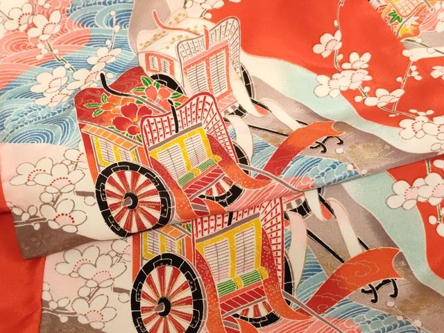 平和屋着物[]七五三　女の子　5歳　祝着　三つ身　御所車枝梅文　金彩　洗える着物　AABJ5643ja