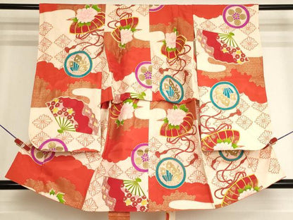 平和屋着物[]七五三　女の子　３歳　祝着　三つ身　舞扇花蝶丸文　金彩　正絹　逸品　AABJ5644ja