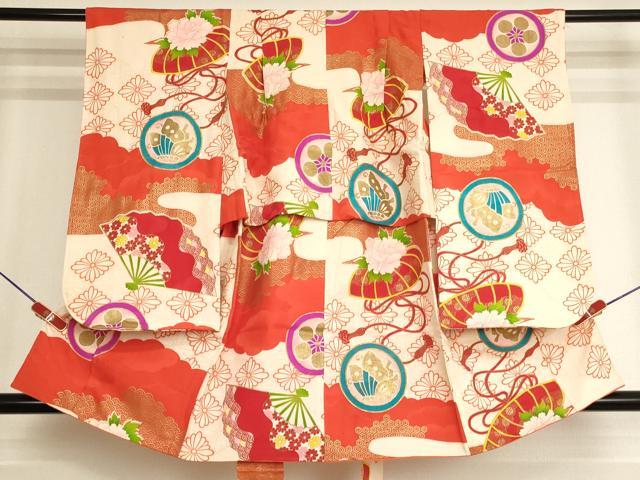 平和屋着物[]七五三　女の子　３歳　祝着　三つ身　舞扇花蝶丸文　金彩　正絹　逸品　AABJ5644ja