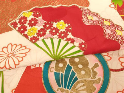 平和屋着物[]七五三　女の子　３歳　祝着　三つ身　舞扇花蝶丸文　金彩　正絹　逸品　AABJ5644ja