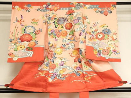 平和屋着物[]七五三　女の子　３歳　祝着　一つ身　駒刺繍　型染め　流水花鳥文　正絹　逸品　AABJ5645ja