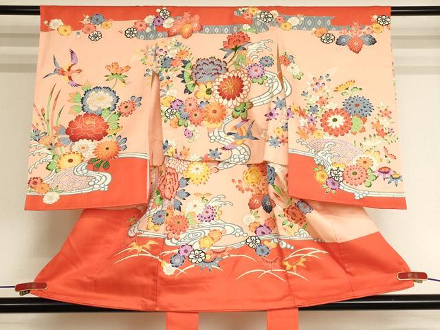 平和屋着物[]七五三　女の子　３歳　祝着　一つ身　駒刺繍　型染め　流水花鳥文　正絹　逸品　AABJ5645ja