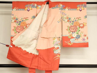 平和屋着物[]七五三　女の子　３歳　祝着　一つ身　駒刺繍　型染め　流水花鳥文　正絹　逸品　AABJ5645ja