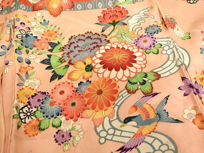 平和屋着物[]七五三　女の子　３歳　祝着　一つ身　駒刺繍　型染め　流水花鳥文　正絹　逸品　AABJ5645ja