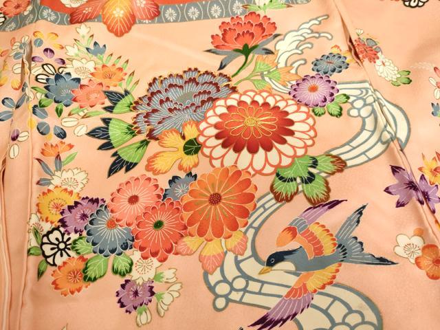 平和屋着物[]七五三　女の子　３歳　祝着　一つ身　駒刺繍　型染め　流水花鳥文　正絹　逸品　AABJ5645ja