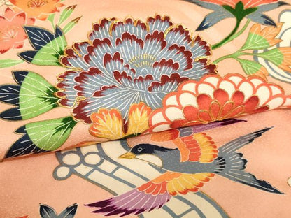 平和屋着物[]七五三　女の子　３歳　祝着　一つ身　駒刺繍　型染め　流水花鳥文　正絹　逸品　AABJ5645ja