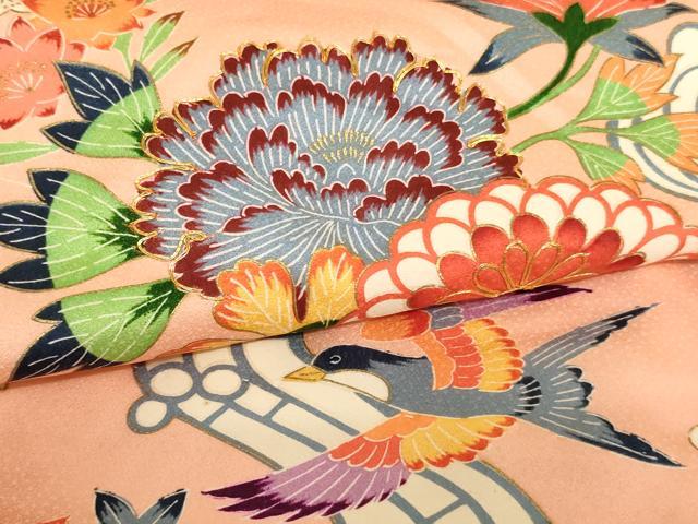 平和屋着物[]七五三　女の子　３歳　祝着　一つ身　駒刺繍　型染め　流水花鳥文　正絹　逸品　AABJ5645ja