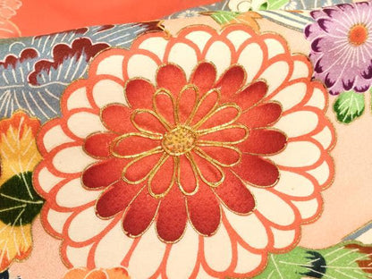 平和屋着物[]七五三　女の子　３歳　祝着　一つ身　駒刺繍　型染め　流水花鳥文　正絹　逸品　AABJ5645ja