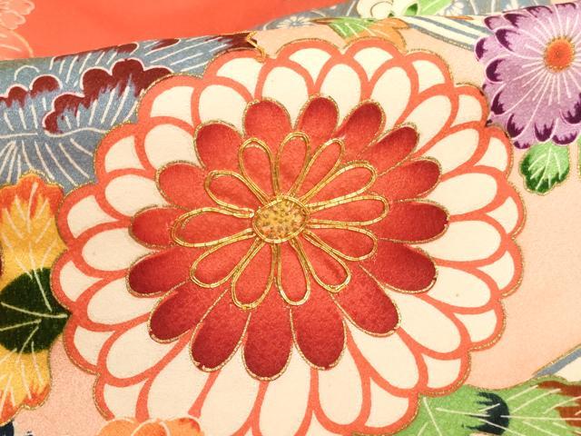 平和屋着物[]七五三　女の子　３歳　祝着　一つ身　駒刺繍　型染め　流水花鳥文　正絹　逸品　AABJ5645ja
