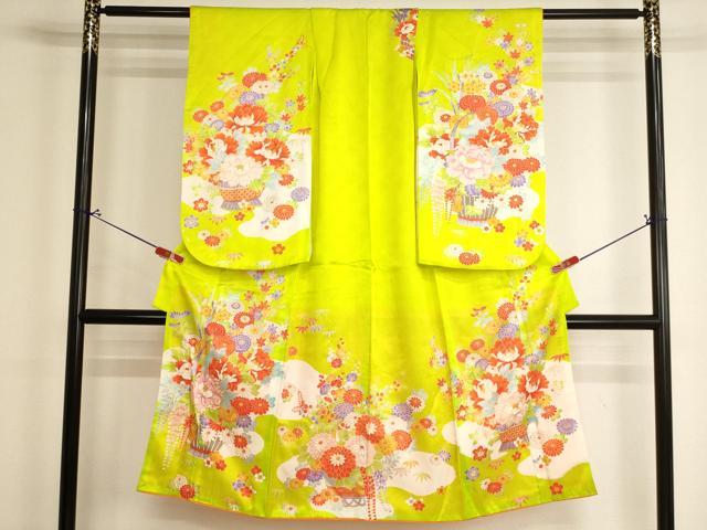 平和屋着物[]七五三　女の子　７歳　祝着　四つ身　駒刺繍　花籠文　金彩　洗える着物　AABJ5646ja