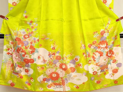 平和屋着物[]七五三　女の子　７歳　祝着　四つ身　駒刺繍　花籠文　金彩　洗える着物　AABJ5646ja
