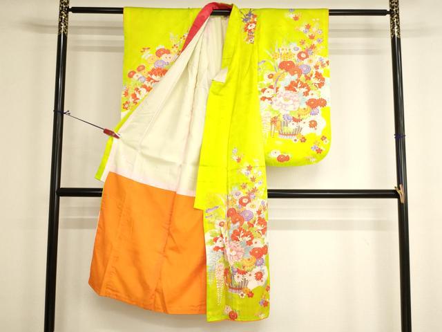平和屋着物[]七五三　女の子　７歳　祝着　四つ身　駒刺繍　花籠文　金彩　洗える着物　AABJ5646ja