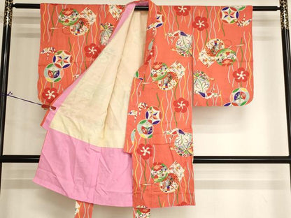 平和屋着物[]アンティーク　大正ロマン　七五三　女の子　３歳　祝着　三つ身　花鼓手毬文　正絹　逸品　AABJ5647ja