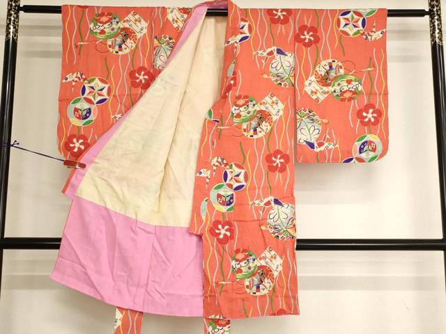平和屋着物[]アンティーク　大正ロマン　七五三　女の子　３歳　祝着　三つ身　花鼓手毬文　正絹　逸品　AABJ5647ja