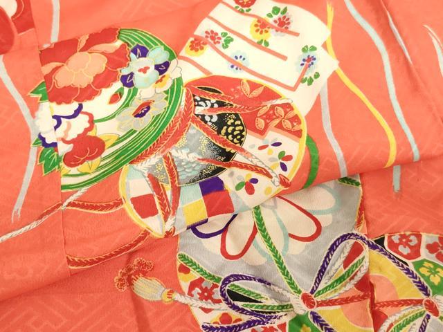 平和屋着物[]アンティーク　大正ロマン　七五三　女の子　３歳　祝着　三つ身　花鼓手毬文　正絹　逸品　AABJ5647ja