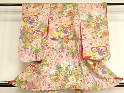 平和屋着物[]アンティーク　大正ロマン　七五三　女の子　３歳　祝着　一つ身　花鼓文　正絹　逸品　AABJ5648ja