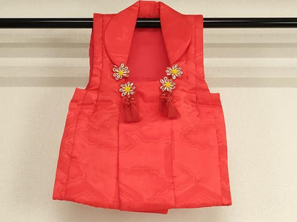 平和屋着物[]七五三　女の子　３歳　被布　雲取り亀甲花地紋　紅緋色　正絹　逸品　AABJ5649ja