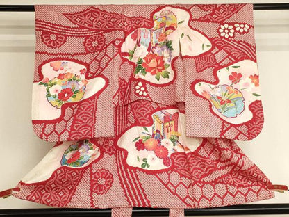 平和屋着物[]七五三　女の子　３歳　祝着　一つ身　絞り　御所車花文　金彩　正絹　逸品　AABJ5651ja