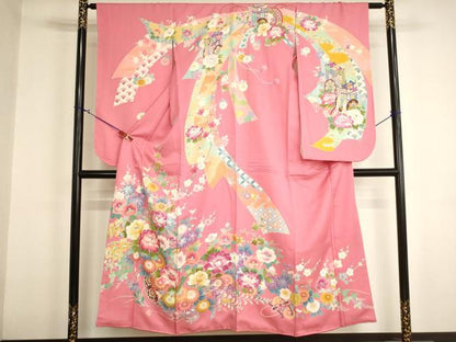 平和屋着物∵女の子　十三参り　子供　祝着　友禅　花車文　正絹　逸品　AABJ5654ja