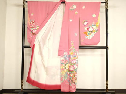 平和屋着物∵女の子　十三参り　子供　祝着　友禅　花車文　正絹　逸品　AABJ5654ja