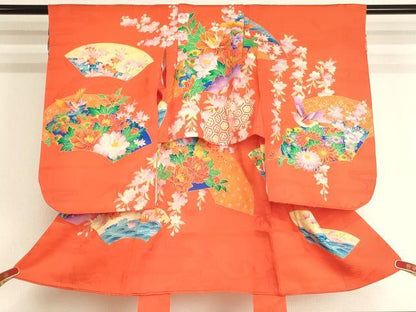 平和屋着物[]七五三　女の子　３歳　祝着　一つ身　駒刺繍　地紙花文　金彩　正絹　逸品　AABJ5658ja