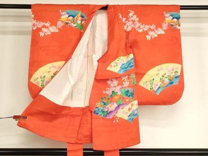平和屋着物[]七五三　女の子　３歳　祝着　一つ身　駒刺繍　地紙花文　金彩　正絹　逸品　AABJ5658ja