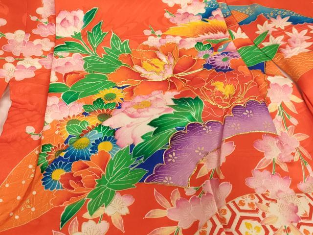 平和屋着物[]七五三　女の子　３歳　祝着　一つ身　駒刺繍　地紙花文　金彩　正絹　逸品　AABJ5658ja