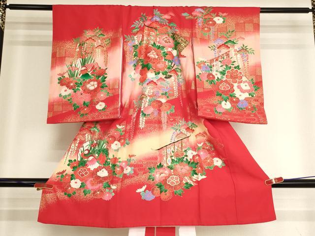 平和屋着物[]お宮参り　女の子　祝着　産着　初着　のしめ　扇面几帳花文　暈し染め　金彩　逸品　AABJ5659ja