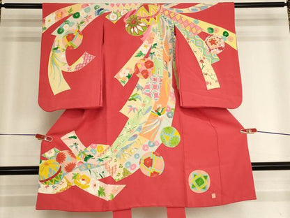 平和屋着物[]七五三　女の子　３歳　祝着　一つ身　友禅　束ね熨斗手毬文　正絹　逸品　AABJ5661ja