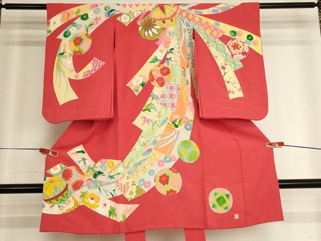 平和屋着物[]七五三　女の子　３歳　祝着　一つ身　友禅　束ね熨斗手毬文　正絹　逸品　AABJ5661ja