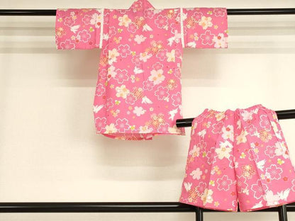平和屋着物＊夏物　子供　女の子　甚平　飛び兎　舞桜文　綿　逸品　未使用　AABJ5670ja