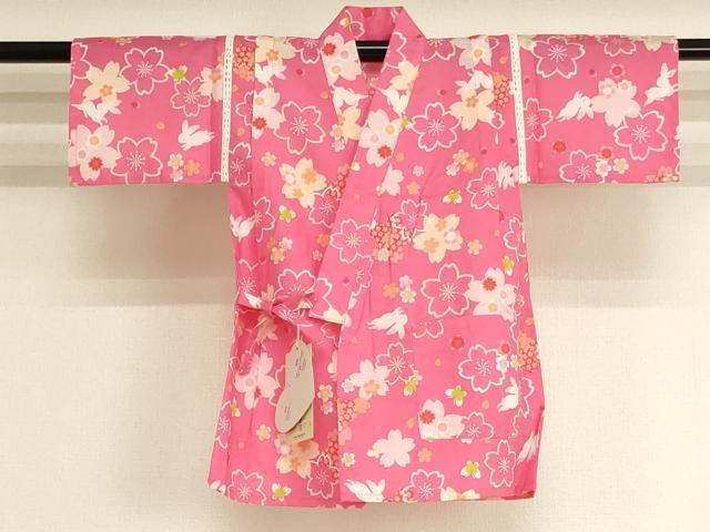 平和屋着物＊夏物　子供　女の子　甚平　飛び兎　舞桜文　綿　逸品　未使用　AABJ5670ja