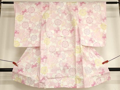 平和屋着物＊夏物　子供　女の子　浴衣　pom ponette　舞桜　リボン　犬　綿　逸品　未使用　AABJ5673ja