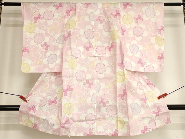 平和屋着物＊夏物　子供　女の子　浴衣　pom ponette　舞桜　リボン　犬　綿　逸品　未使用　AABJ5673ja