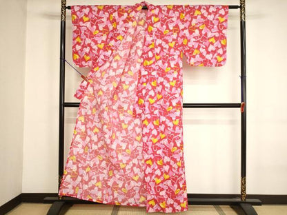 平和屋着物＊夏物　子供　女の子　浴衣　ハート　王冠　リボン　銀彩　綿　逸品　AABJ5674ja