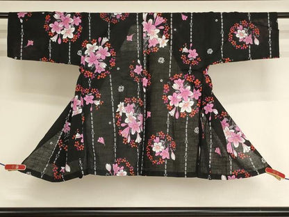 平和屋着物＊夏物　子供　女の子　甚平　上衣　花丸文　百合　黒地　綿　逸品　AABJ5675ja